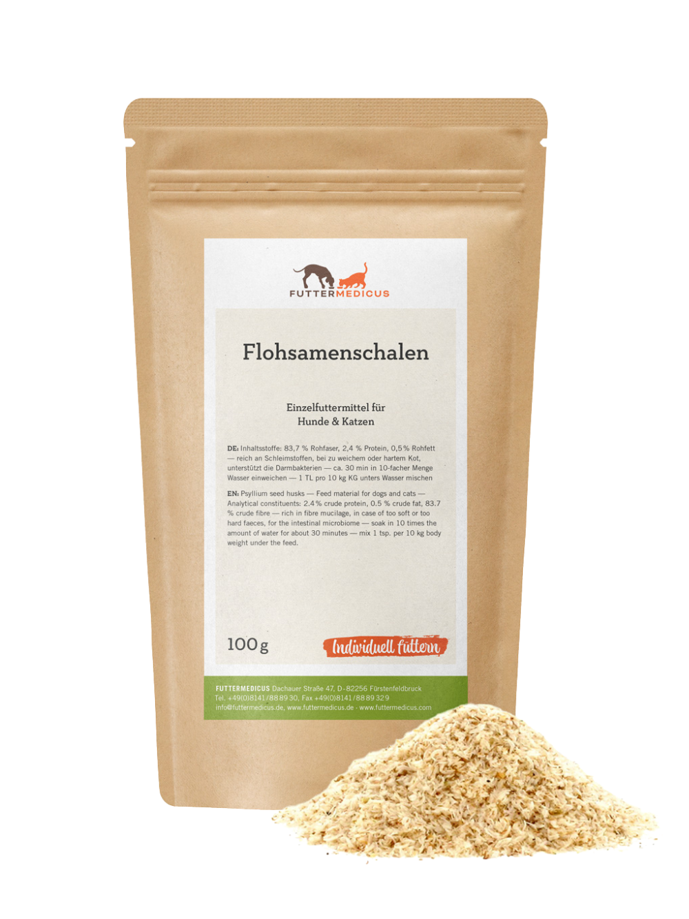 Futtermedicus | Flohsamenschalen 100 g I Präbiotika und Ballaststoffe für Hunde und Katzen