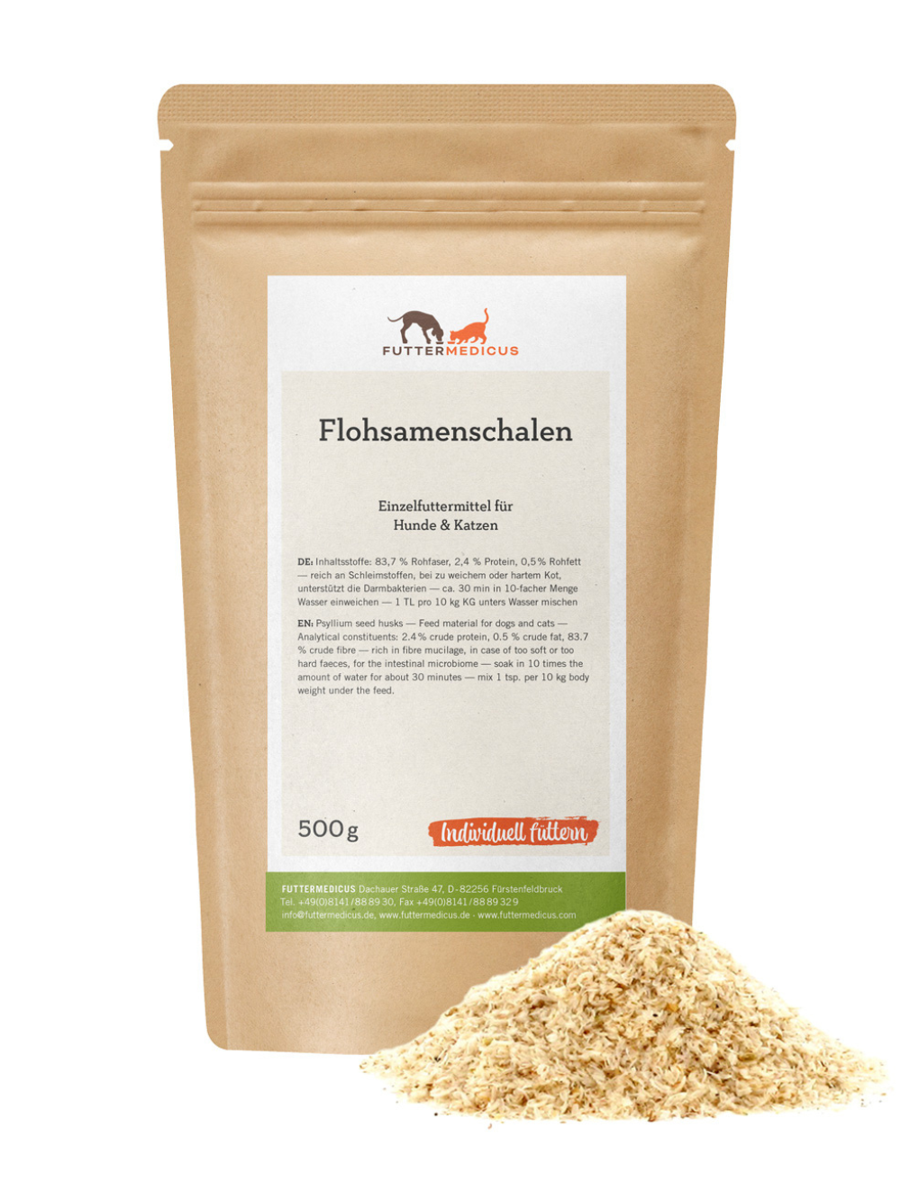 Futtermedicus | Flohsamenschalen 500 g I Präbiotika und Ballaststoffe für Hunde und Katzen